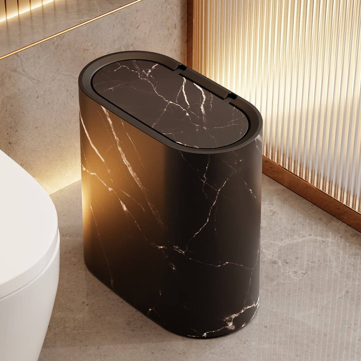 Marble-Pattern Oval Bin with Lid, marble black