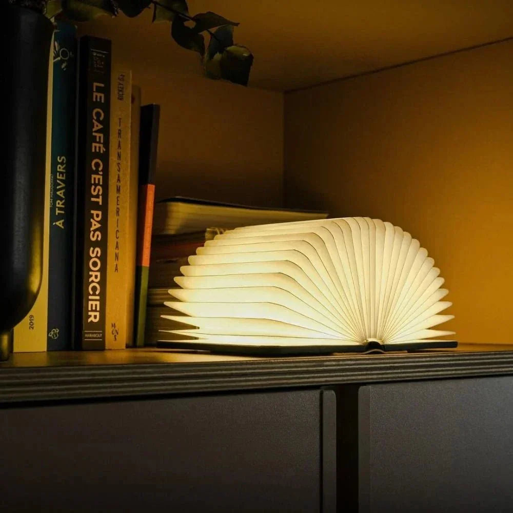Foldable Book Table Lamp, Rechargeable, wood
