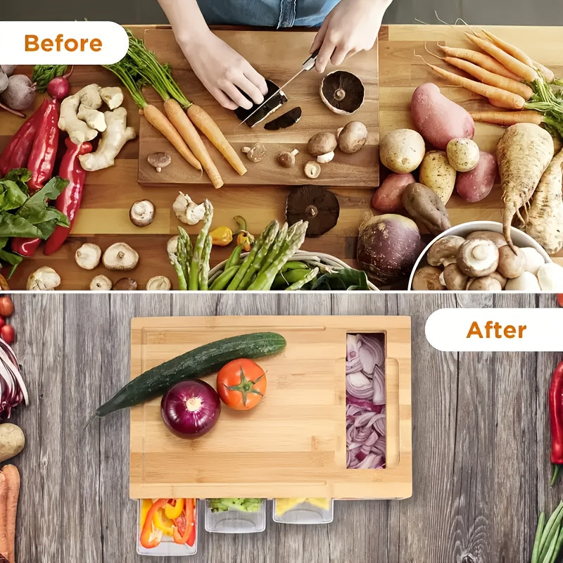 Bamboo Chopping Board with 4 Trays and Interchangeable Blades