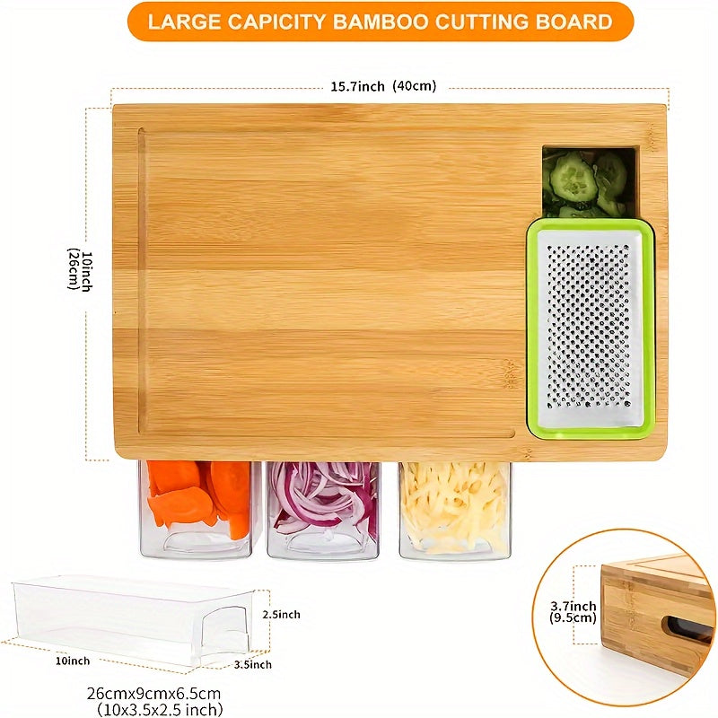 Bamboo Chopping Board with 4 Trays and Interchangeable Blades