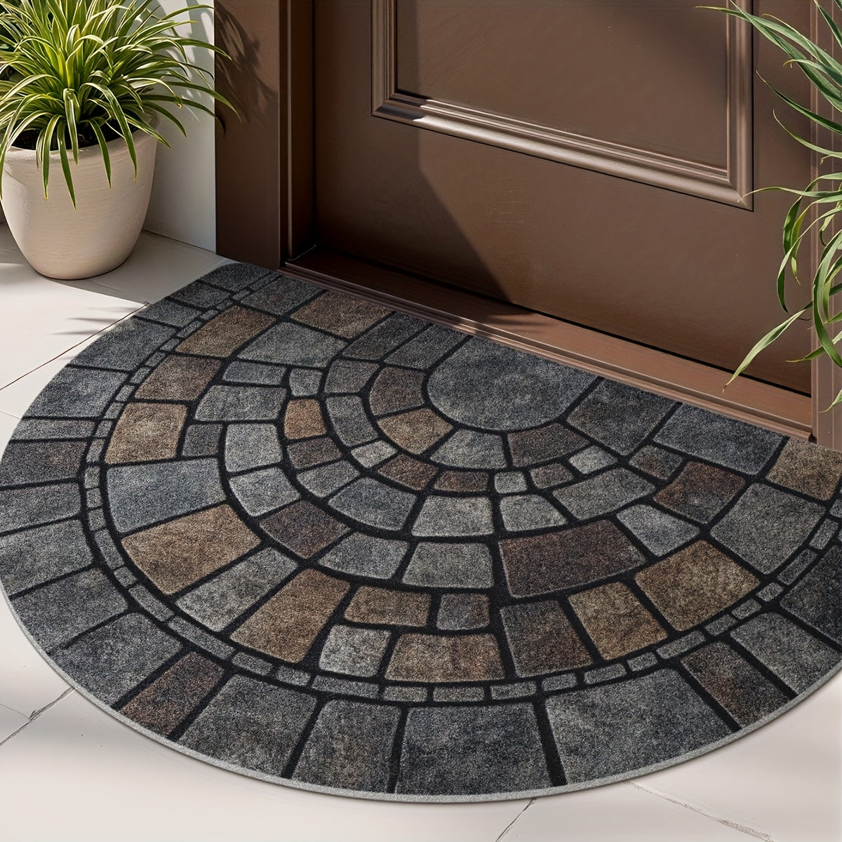 Half-Round Mosaic Stone-Pattern Door Mat