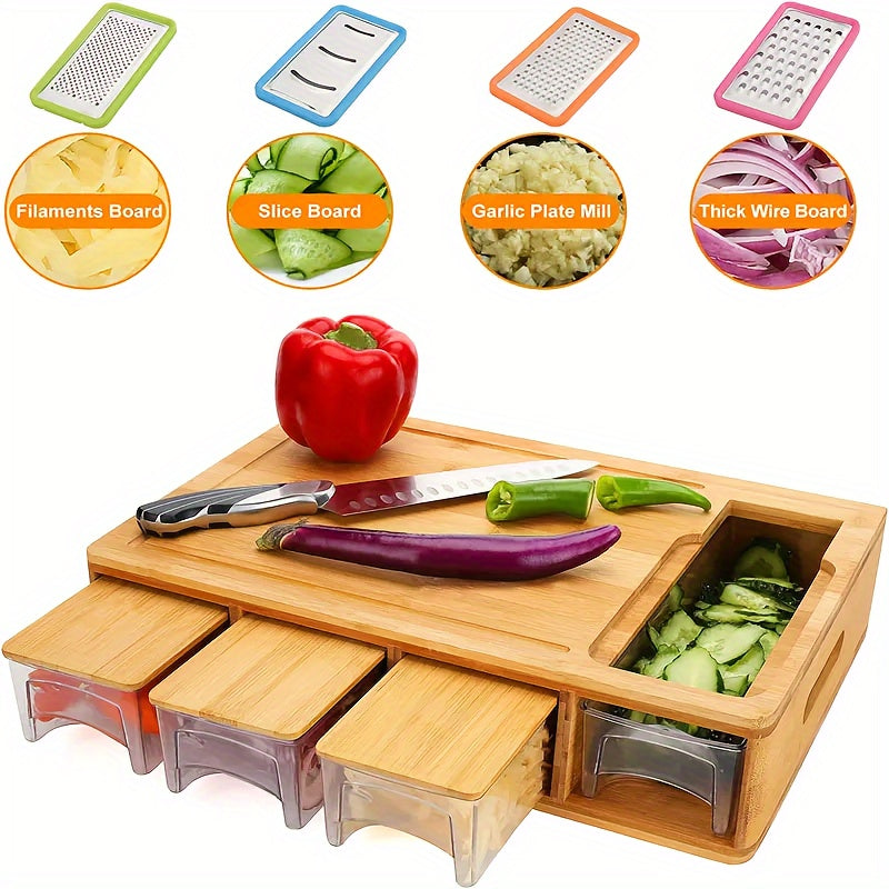 Bamboo Chopping Board with 4 Trays and Interchangeable Blades