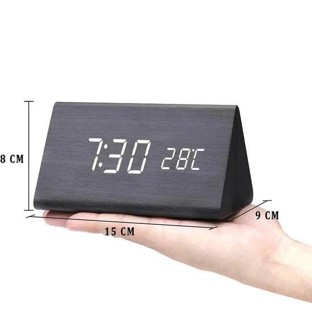 Wood-Effect LED Smart Alarm Clock, black triangle