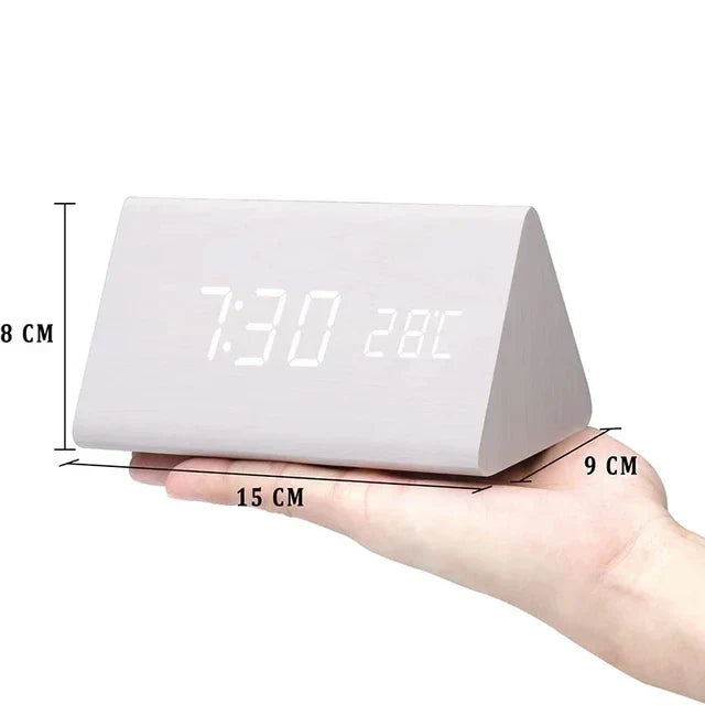 Wood-Effect LED Smart Alarm Clock, white triangle