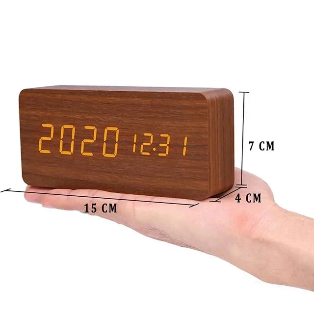 Wood-Effect LED Smart Alarm Clock, brown block