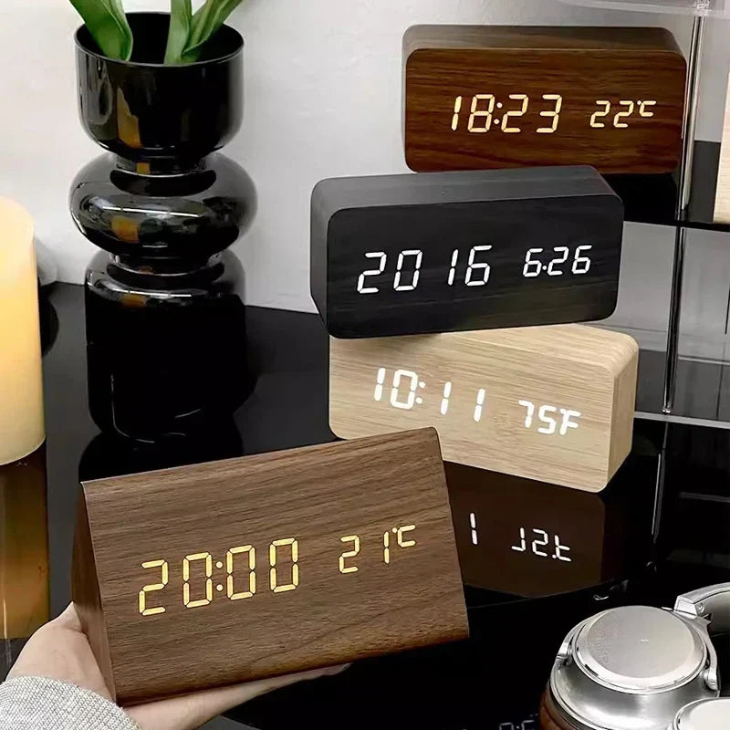 Wood-Effect LED Smart Alarm Clock with Voice Control