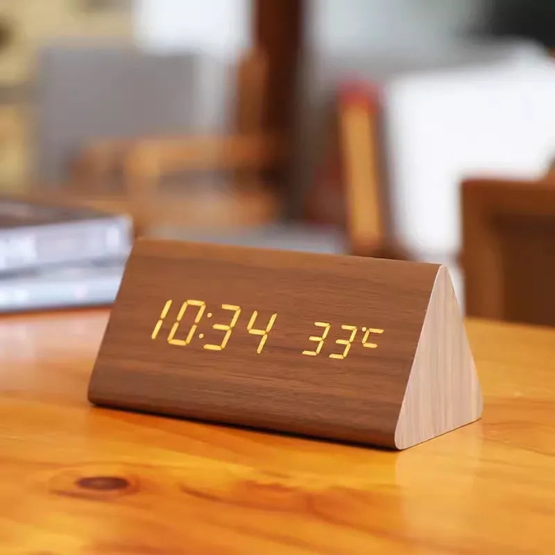 Wood-Effect LED Smart Alarm Clock, brown triangle