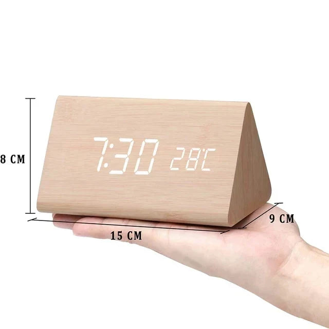 Wood-Effect LED Smart Alarm Clock, wood triangle