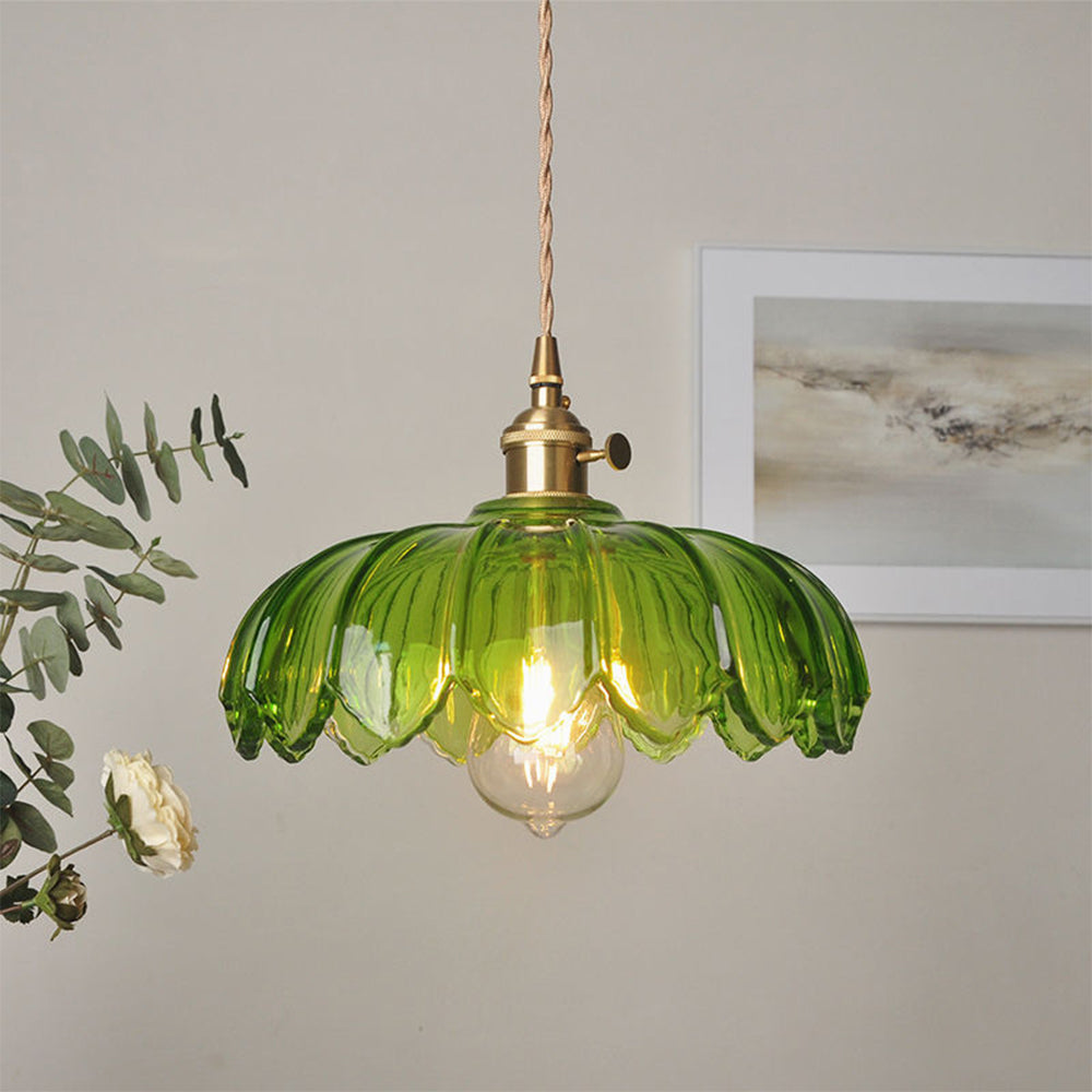 Vintage Glass Flower Pendant Lamp, green