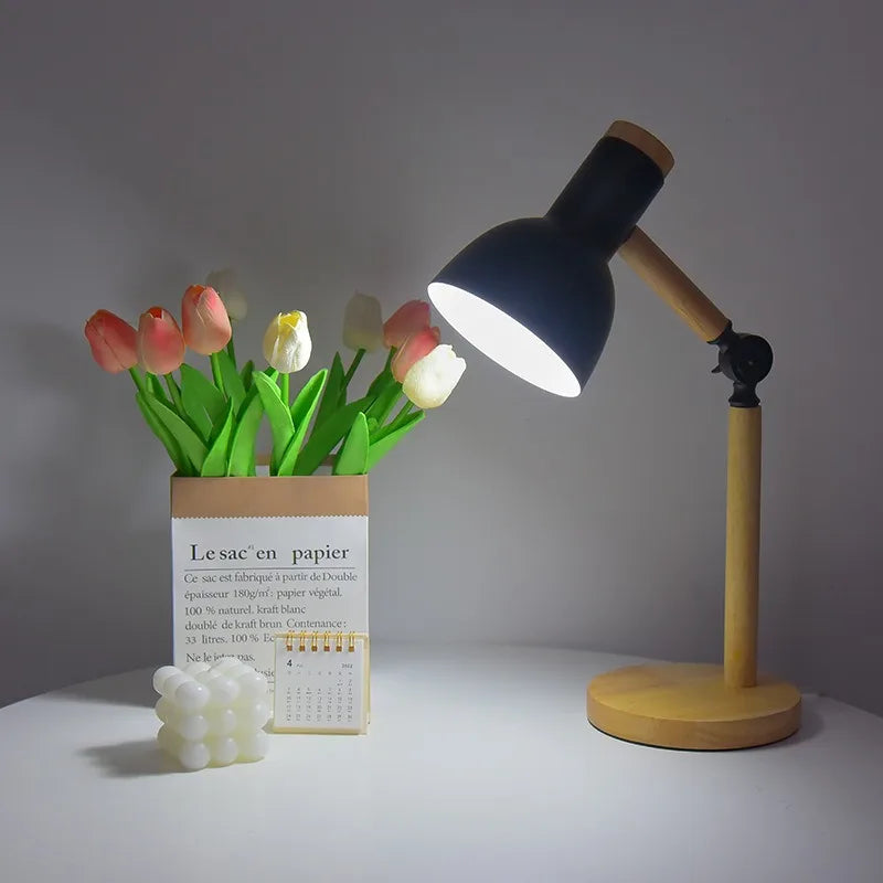 Wooden Adjustable Desk Lamp with Metal Shade, black
