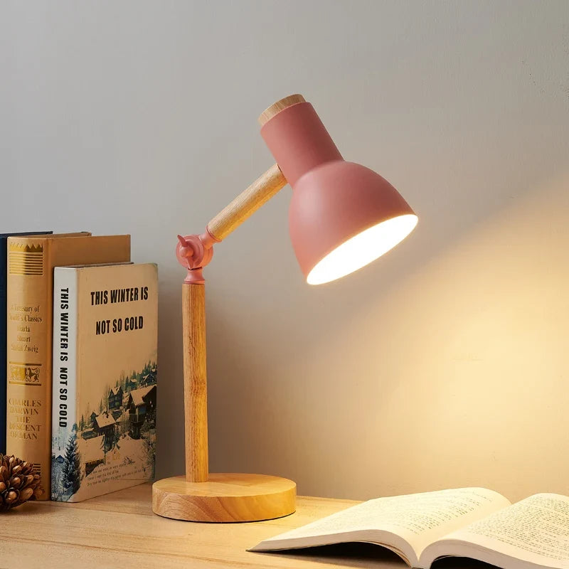 Wooden Adjustable Desk Lamp with Metal Shade, pink