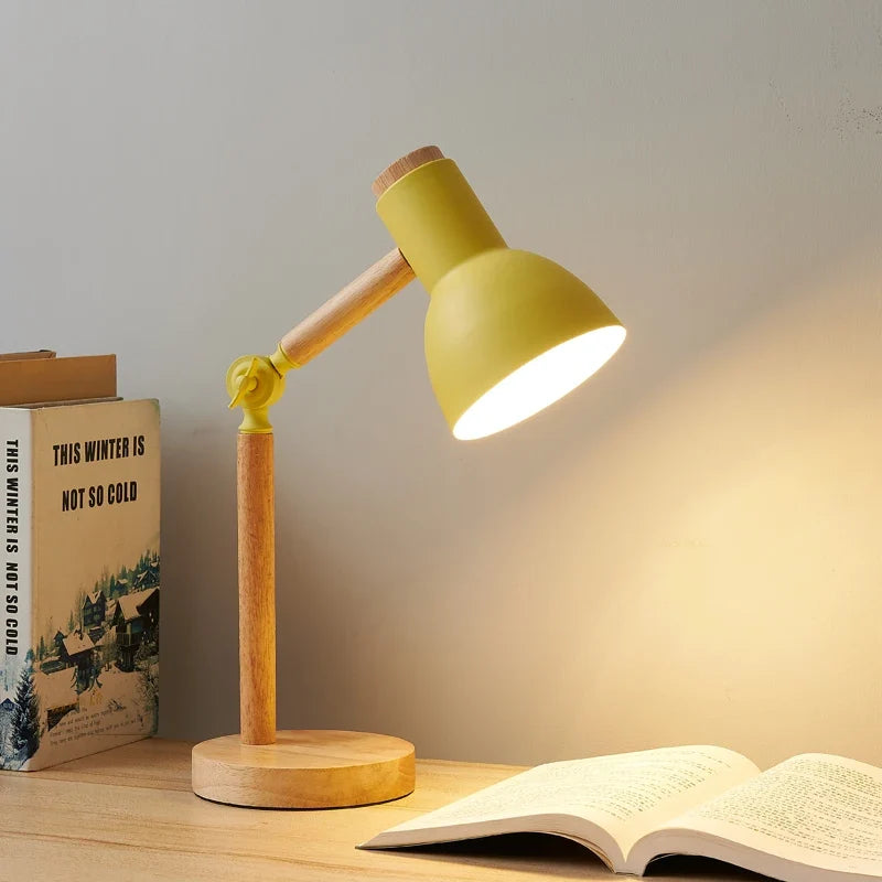 Wooden Adjustable Desk Lamp with Metal Shade, yellow