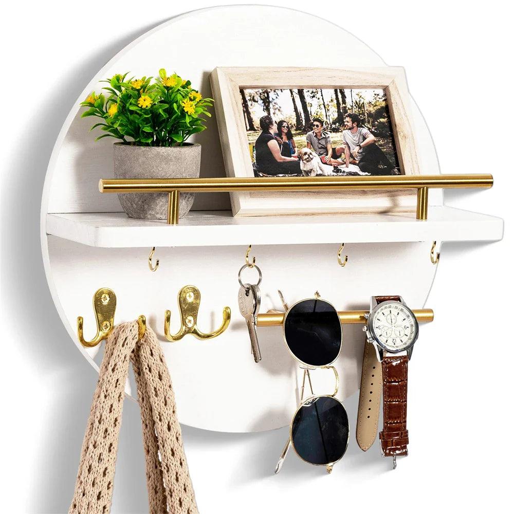 Round Wall Key Holder with Shelf, white and gold