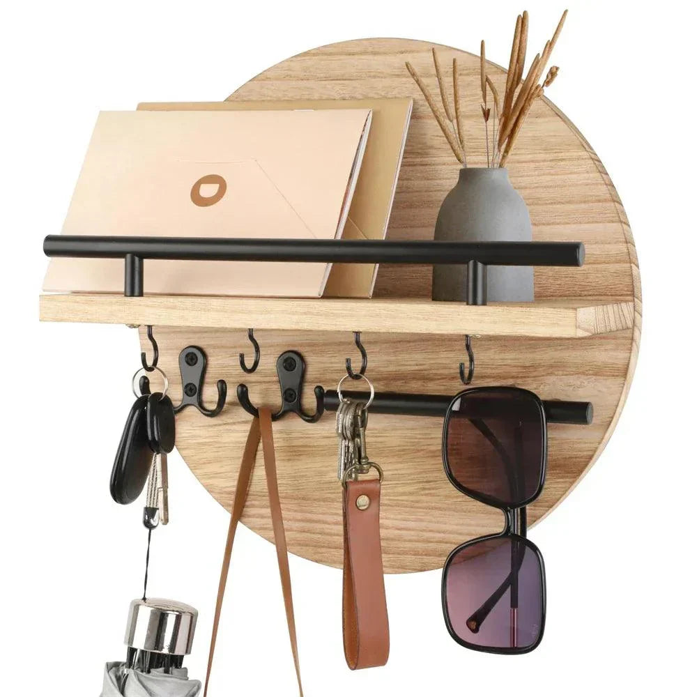 Round Wall Key Holder with Shelf, beige and black