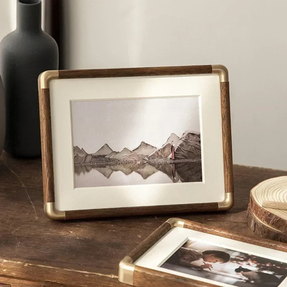 Solid Wood Tabletop Photo Frame with Brass-Tone Corners