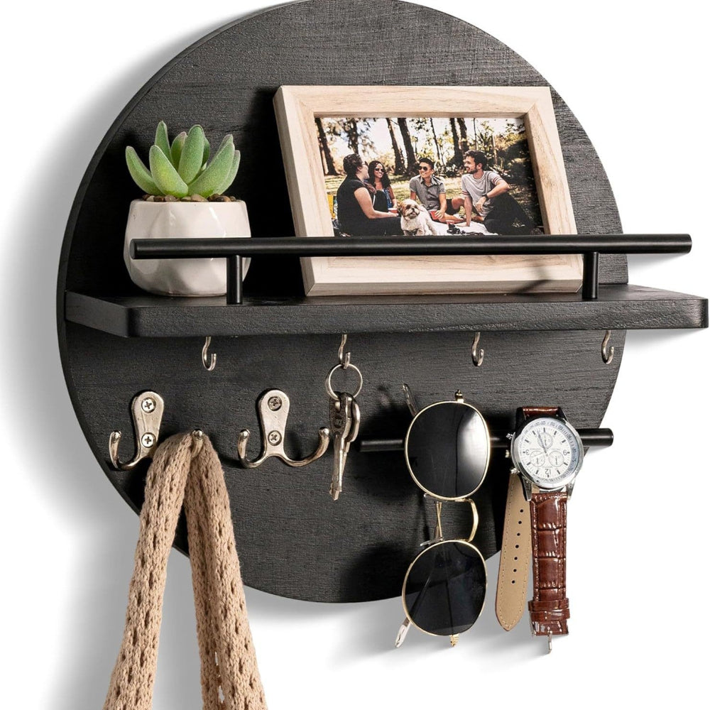 Round Wall Key Holder with Shelf, black and gold