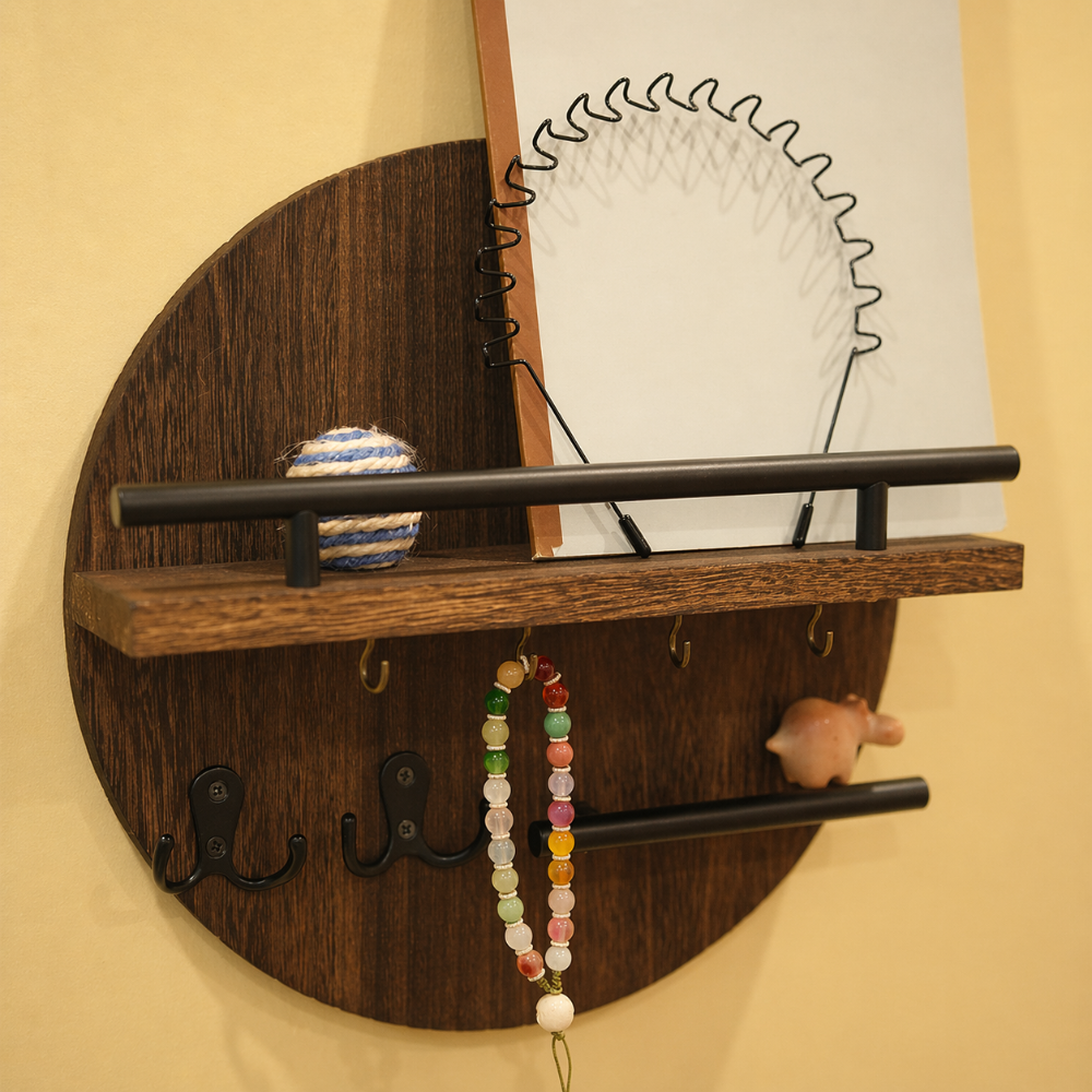 Round Wall Key Holder with Shelf, brown and black