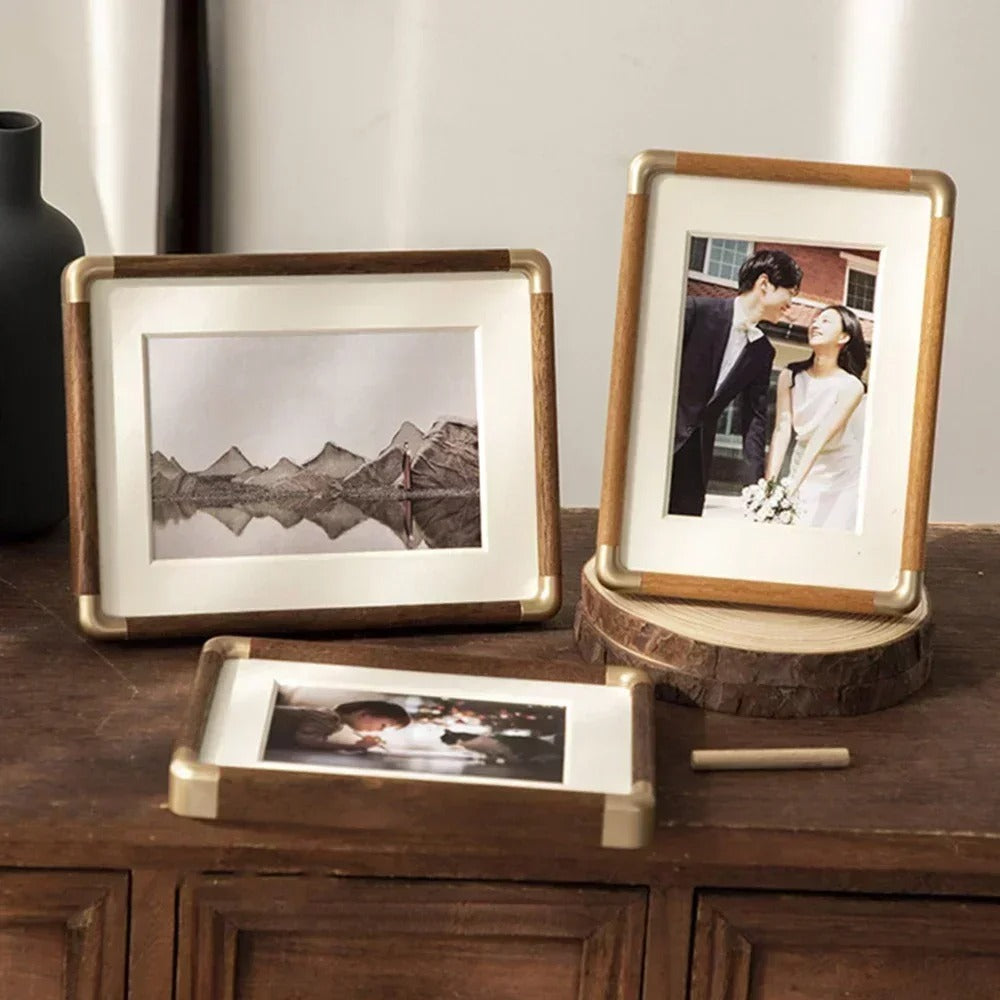 Solid Wood Tabletop Photo Frame with Brass-Tone Corners