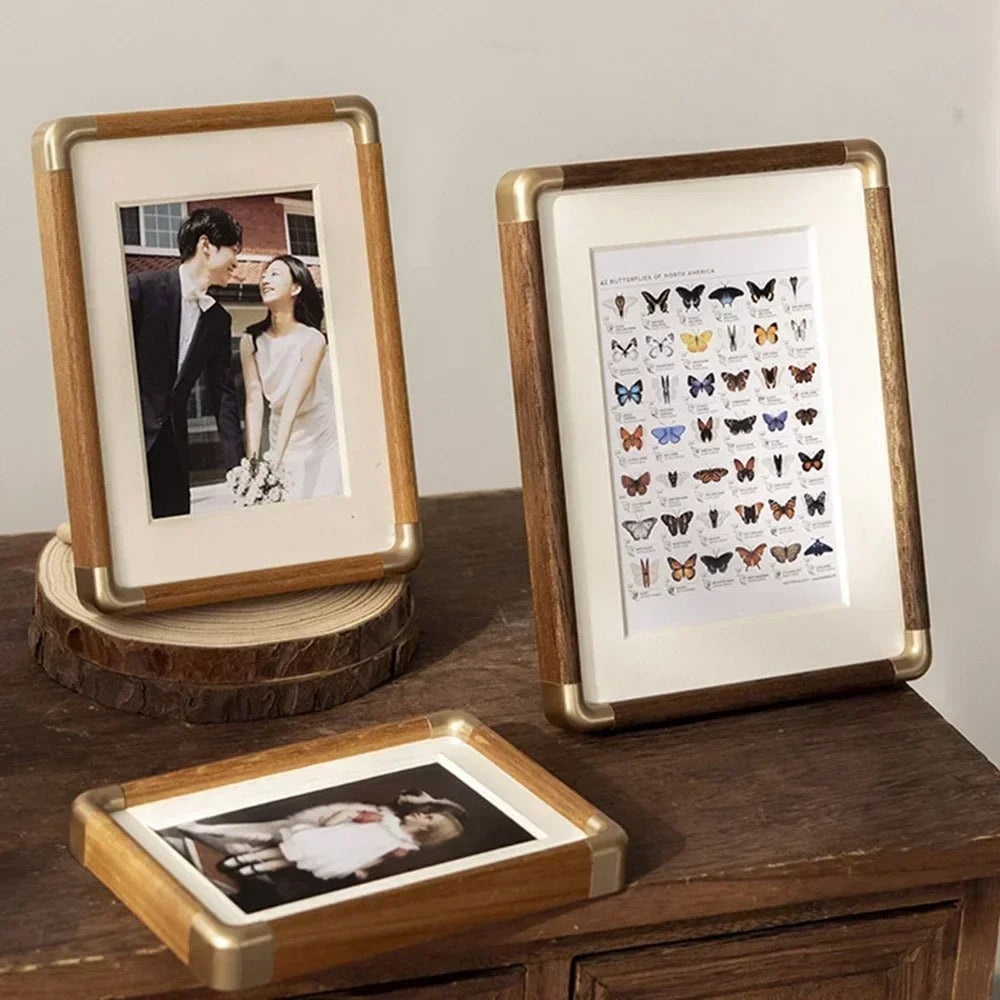 Solid Wood Tabletop Photo Frame with Brass-Tone Corners