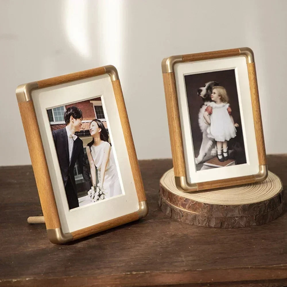 Solid Wood Tabletop Photo Frame with Brass-Tone Corners