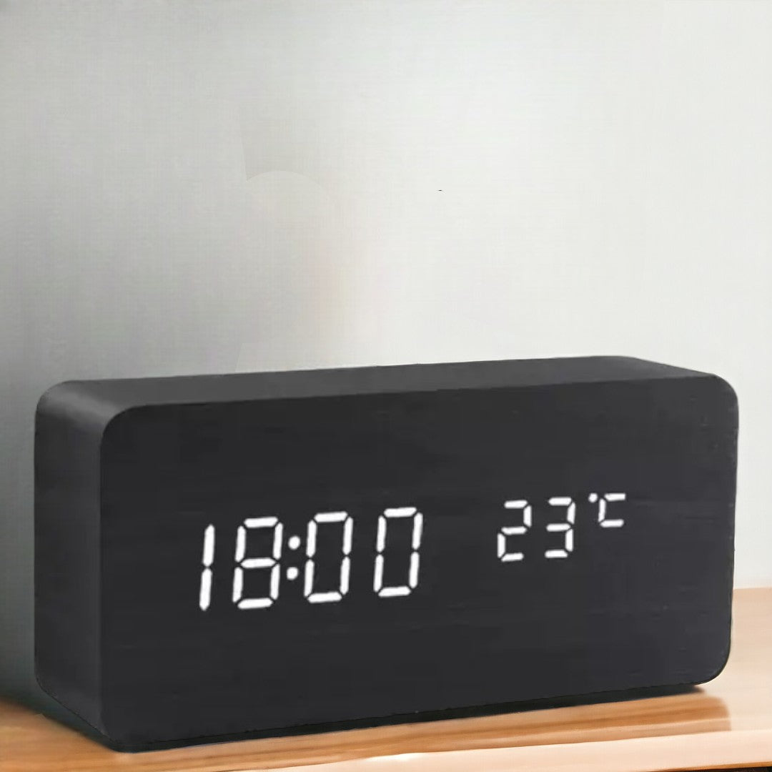 Wood-Effect LED Smart Alarm Clock, black block