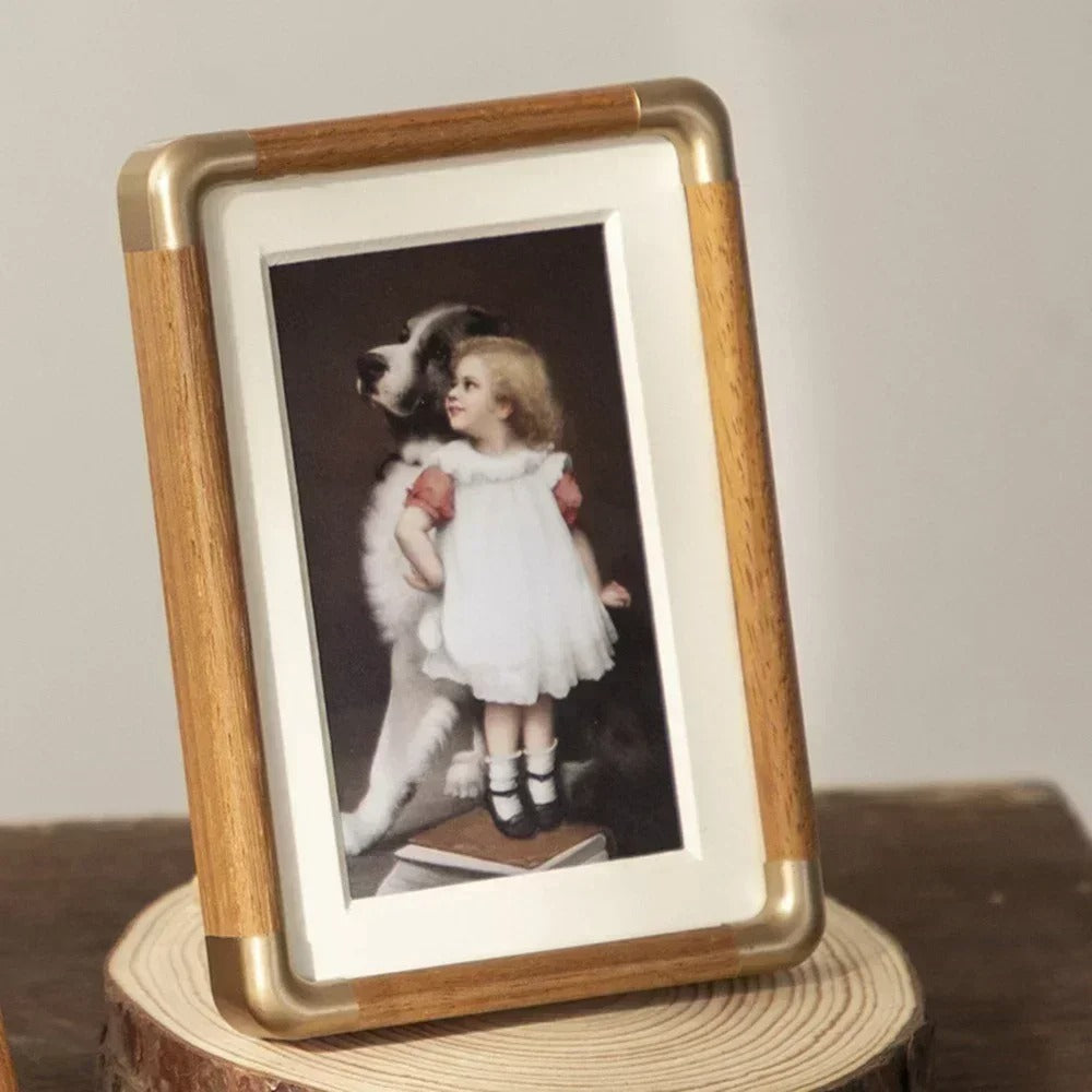 Solid Wood Tabletop Photo Frame with Brass-Tone Corners