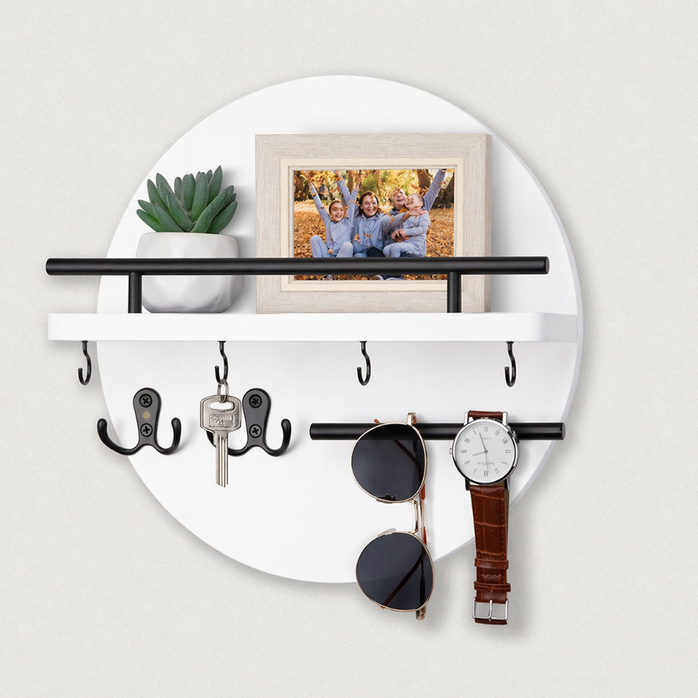 Round Wall Key Holder with Shelf, white and black